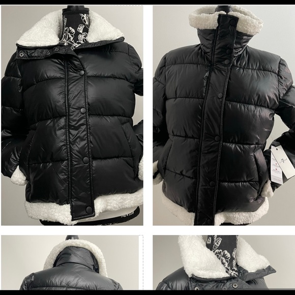 7 FOR ALL MANKIND PUFFER JACKET , BLACK AND WHITE FAUX FUR TRIM EXTRA WARM - Picture 2 of 16